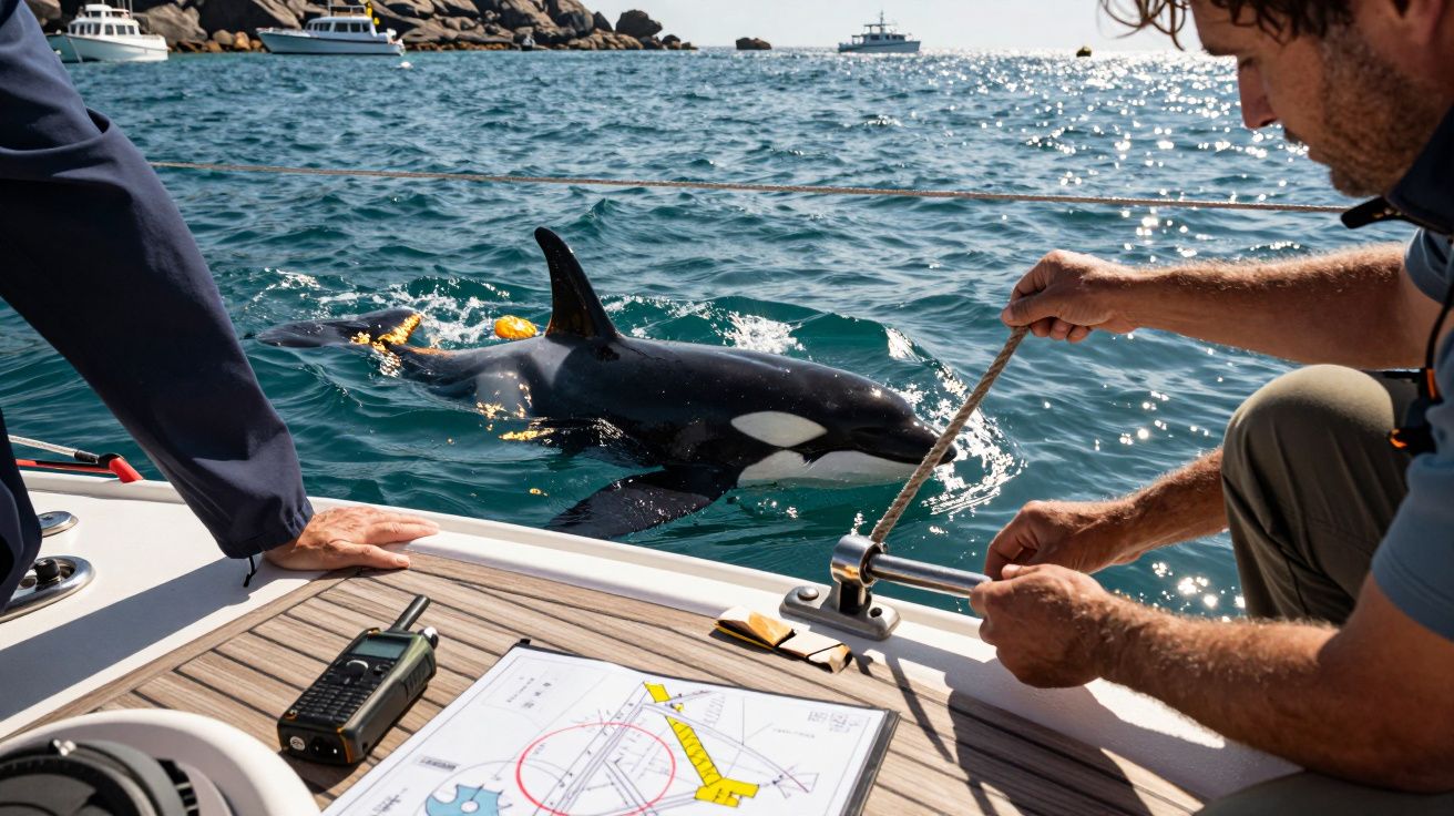 Homem num veleiro observa uma orca na água, com mapa e rádio visíveis no convés.