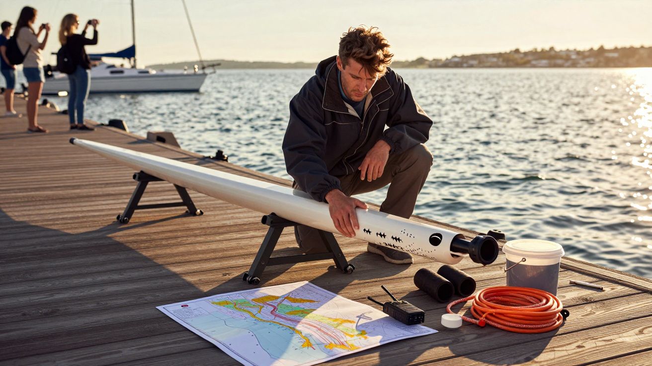 Homem analisa equipamento marítimo no cais, mapas e materiais ao lado, pessoas e barco ao fundo.