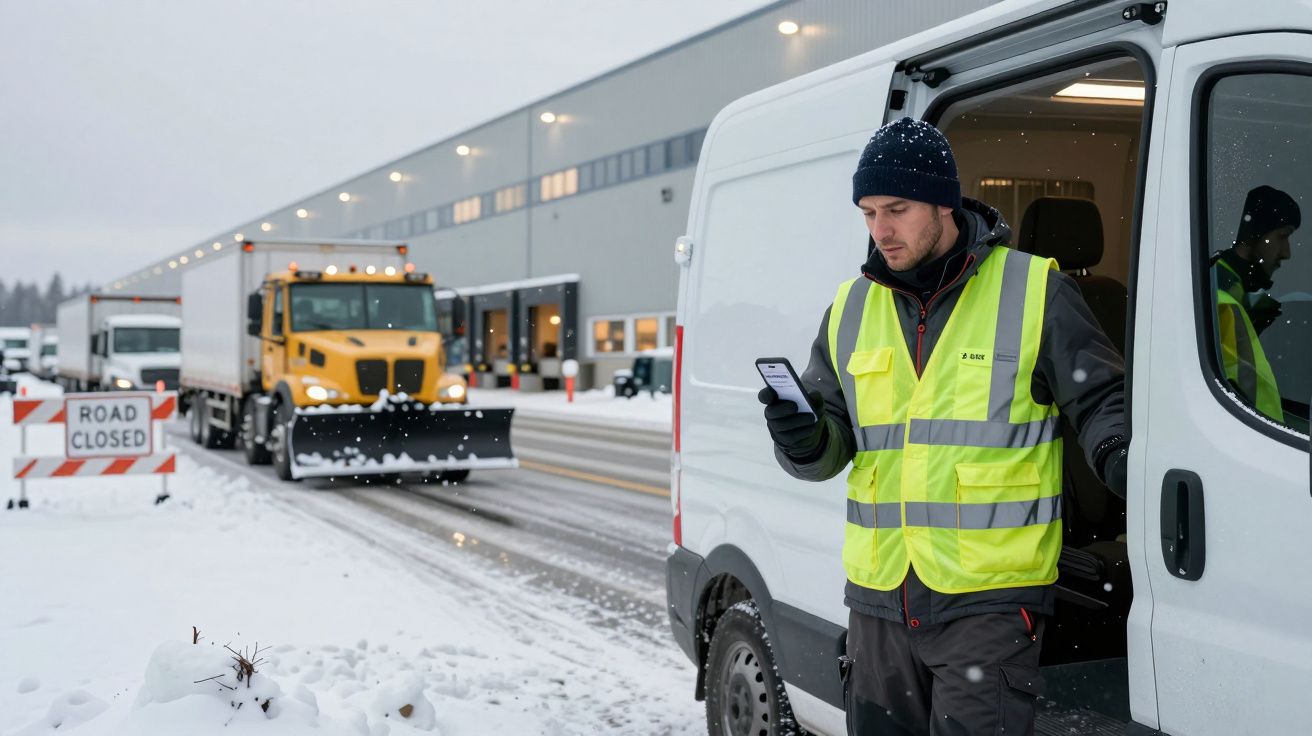 Homem de colete refletor usa telemóvel ao lado de carrinha, estrada com neve e veículos pesados ao fundo.
