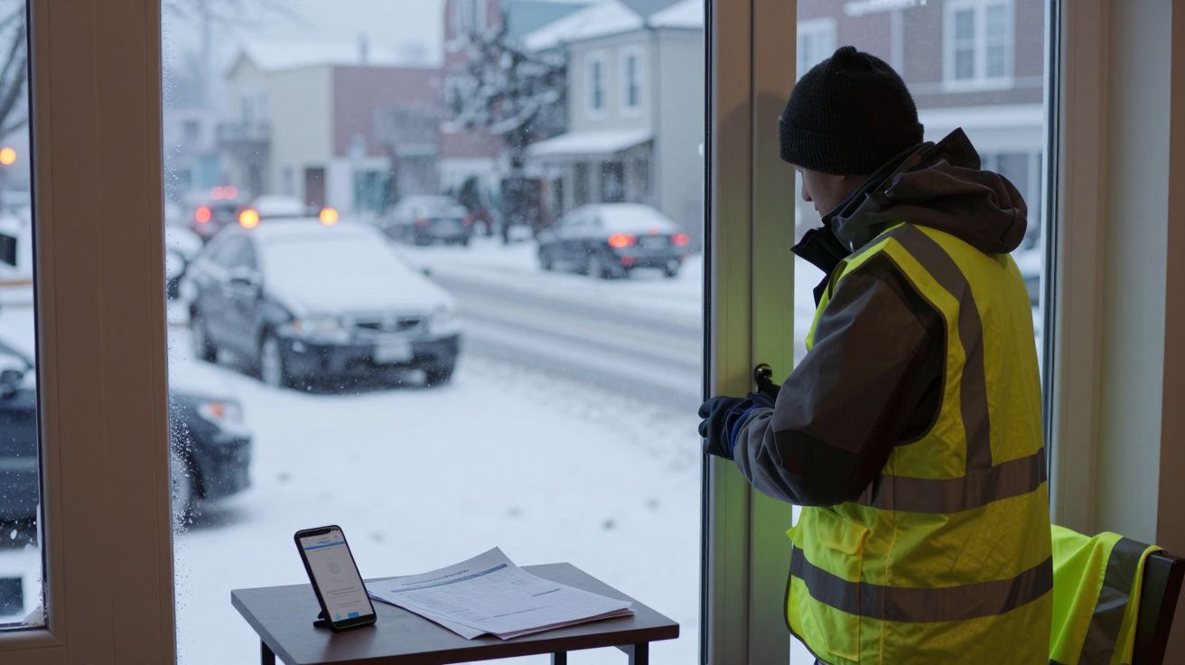 Homem de colete refletor olha pela janela para rua nevada, com mesa e papéis à frente.