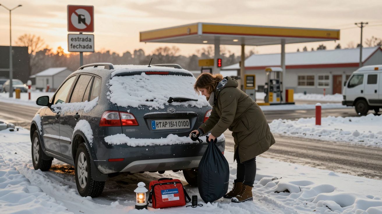 Mulher junto a carro coberto de neve numa área de serviço, ao lado de uma lanterna e mala de emergência.