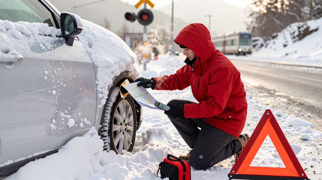 Homem de casaco vermelho consulta mapa junto a carro coberto de neve, sinal de aviso laranja no chão, comboio ao fundo.