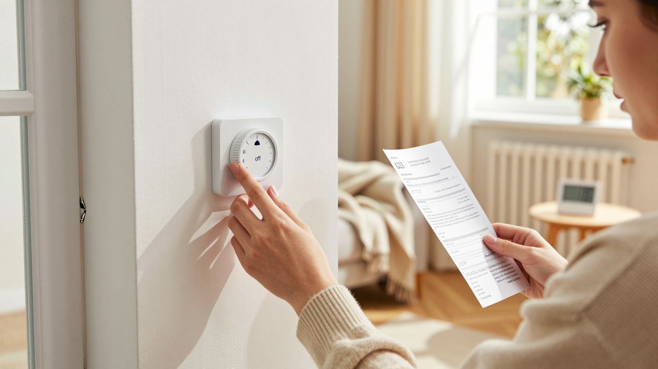 Pessoa ajusta termostato na parede enquanto segura uma folha de papel numa sala iluminada.