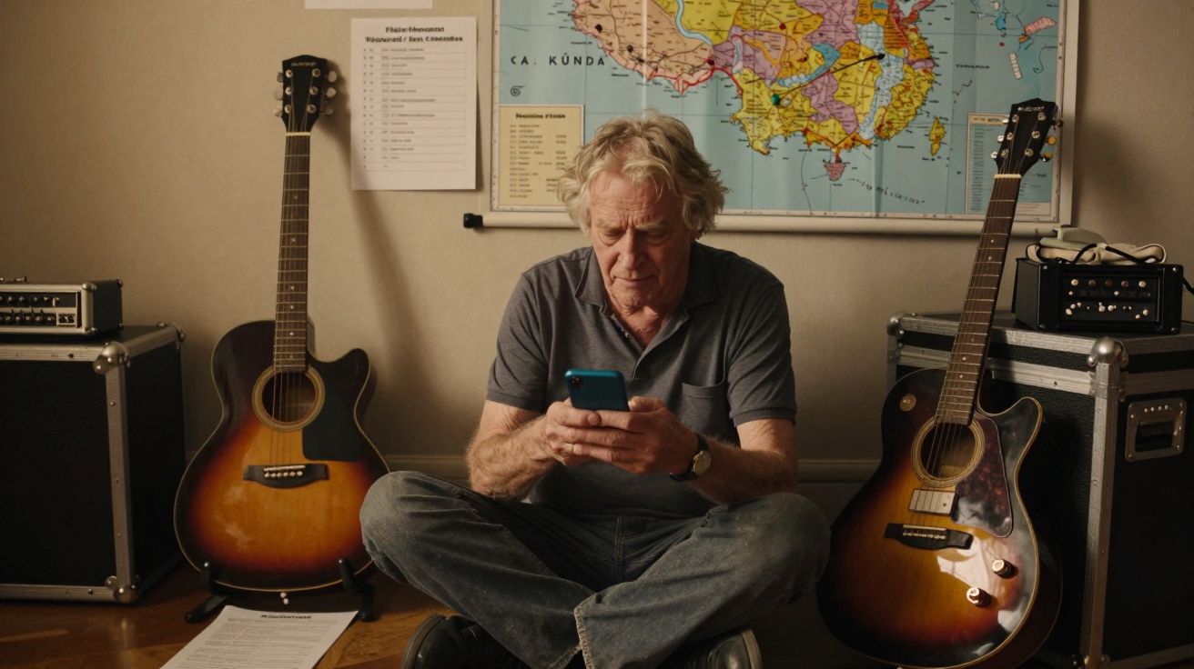 Homem idoso sentado no chão, entre duas guitarras, usando telemóvel; mapa e lista na parede atrás.