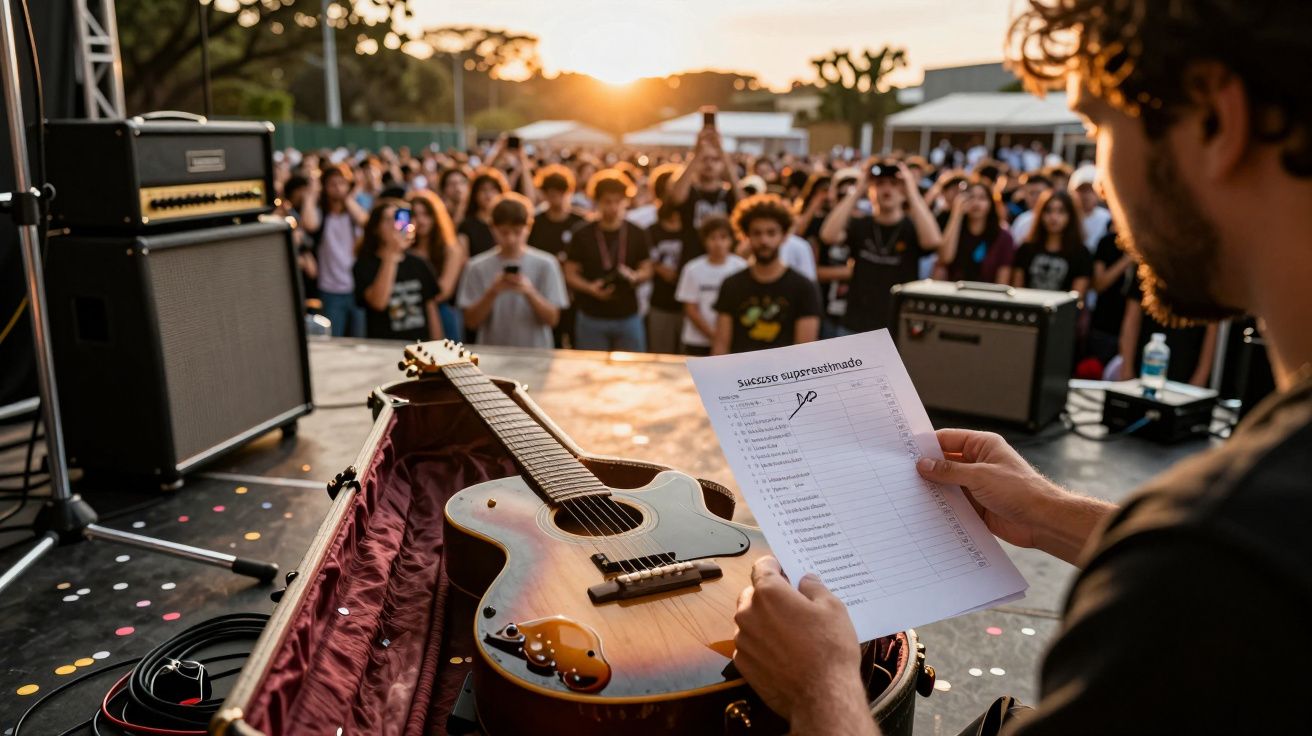 Homem segura lista de músicas ao lado de guitarra, público ao fundo em ambiente de concerto ao ar livre.