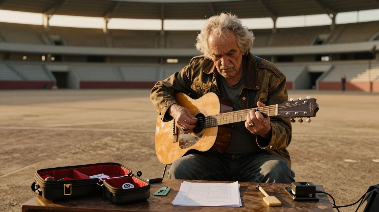 Homem idoso tocando guitarra acústica em estádio vazio, com mala aberta e folhas de música sobre a mesa.
