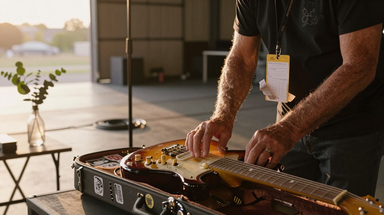 Homem ajusta guitarra elétrica em caixa aberta, com jarra de flores e microfone ao fundo, iluminado pelo sol poente.