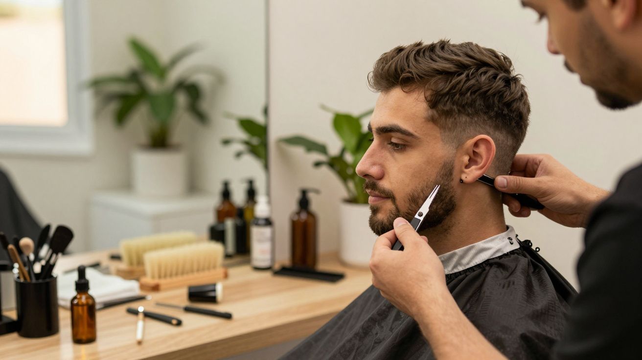 Homem a receber um corte de cabelo num salão, com barbeiro a ajustar a barba.