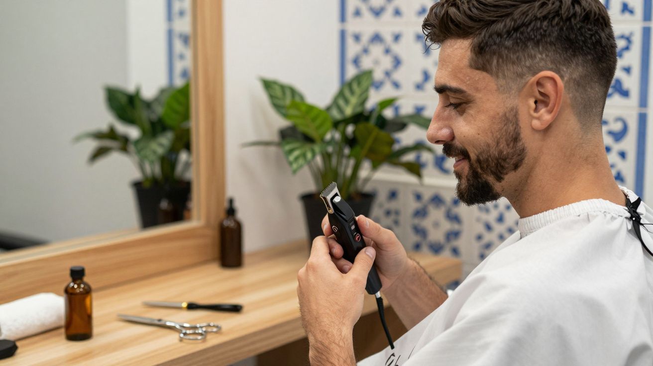 Homem num salão de cabeleireiro, segurando uma máquina de cortar cabelo, com utensílios no balcão ao fundo.