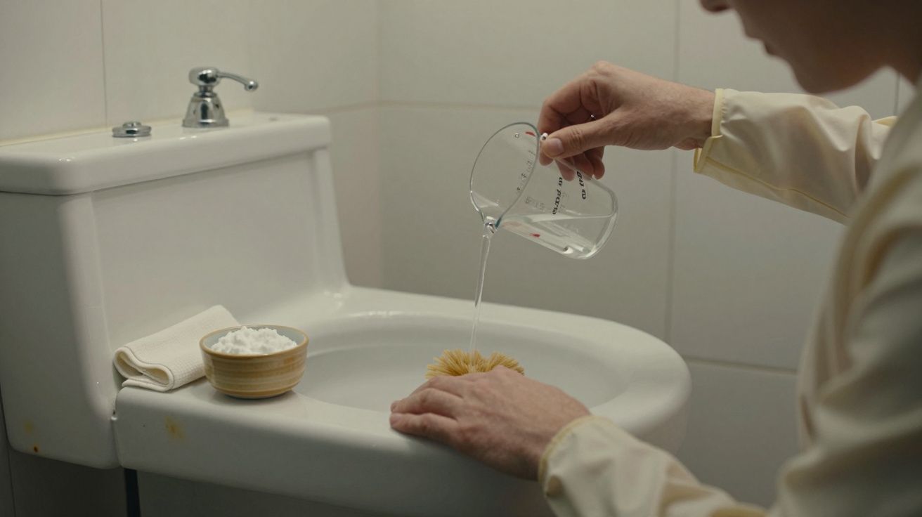 Pessoa a deitar líquido num bidé com toalha e tigela ao lado.