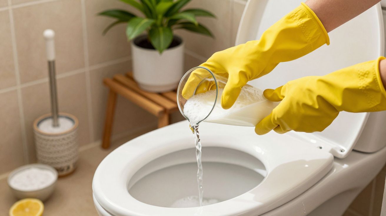 Mãos com luvas amarelas despejam líquido numa sanita numa casa de banho com plantas e produtos de limpeza ao fundo.