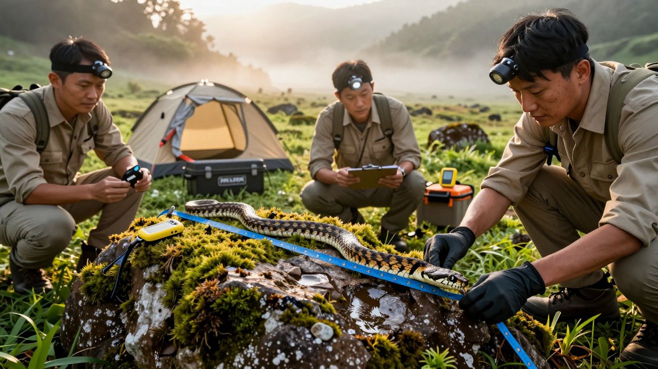 Cientistas medem uma serpente sobre uma pedra coberta de musgo numa paisagem ao ar livre com uma tenda ao fundo.