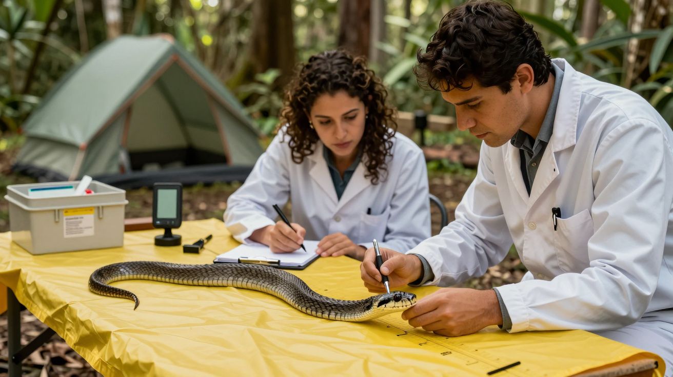 Cientistas em batas brancas analisam uma cobra numa mesa amarela em acampamento florestal.