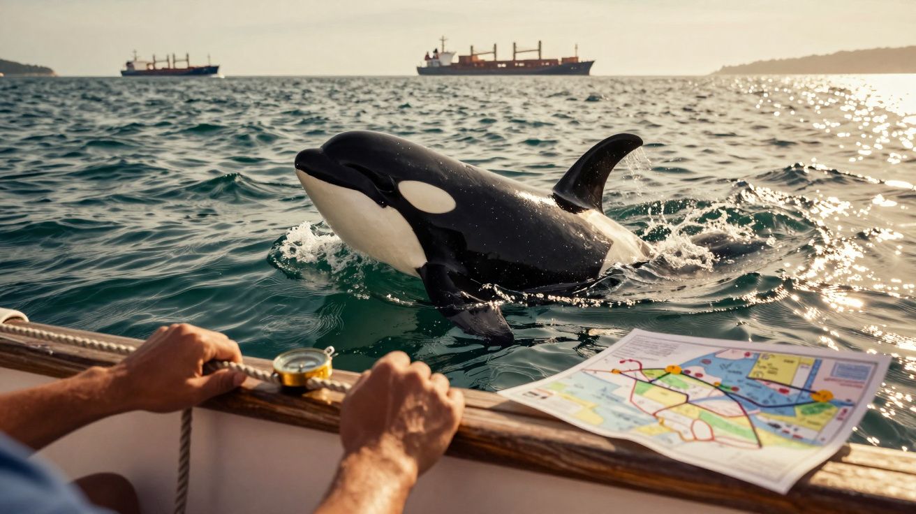 Orca a nadar perto de um barco, com um mapa na borda e navios ao fundo no mar.