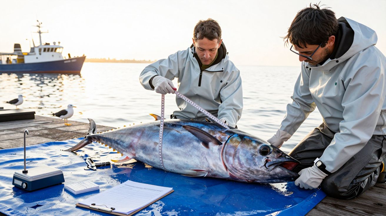 Dois biólogos marinhos medem um grande atum num cais, com um barco ao fundo e gaivotas por perto.
