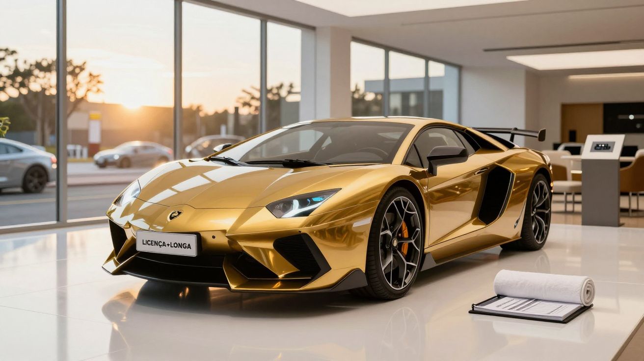 Carro desportivo dourado em showroom iluminado, com planos sobre o chão.