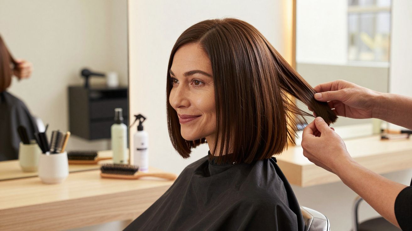 Mulher sorridente com cabelo castanho curto num salão de cabeleireiro, enquanto profissional ajusta o penteado.