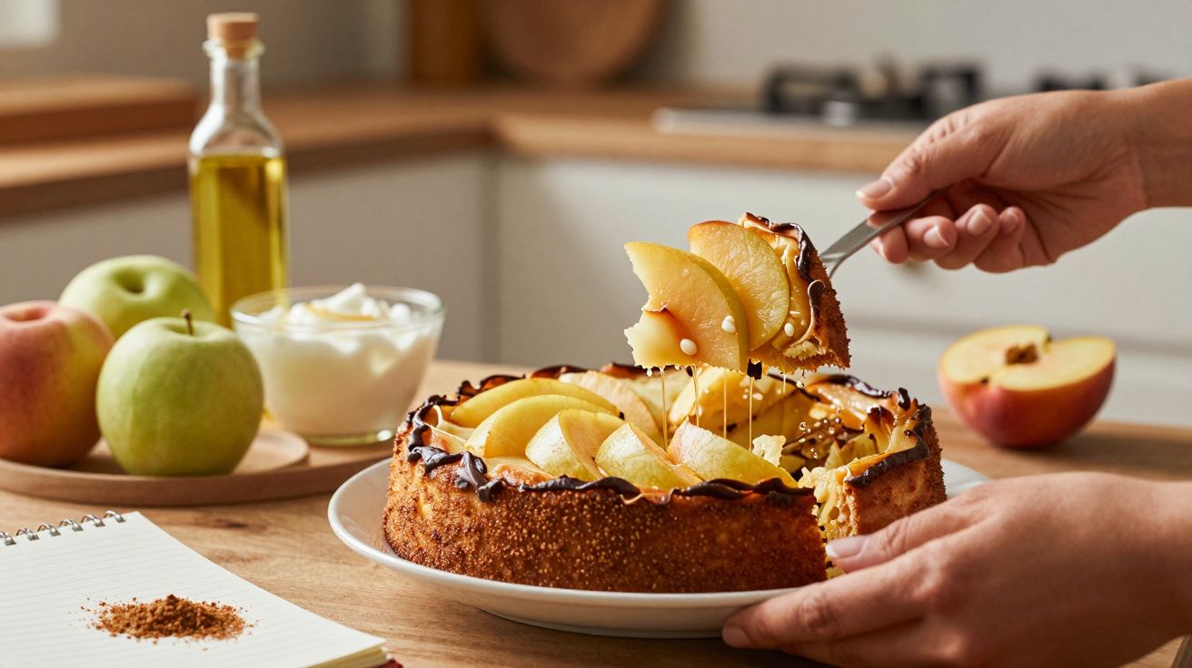 Pessoa serve uma fatia de bolo de maçã decorado, com ingredientes ao fundo numa cozinha iluminada.