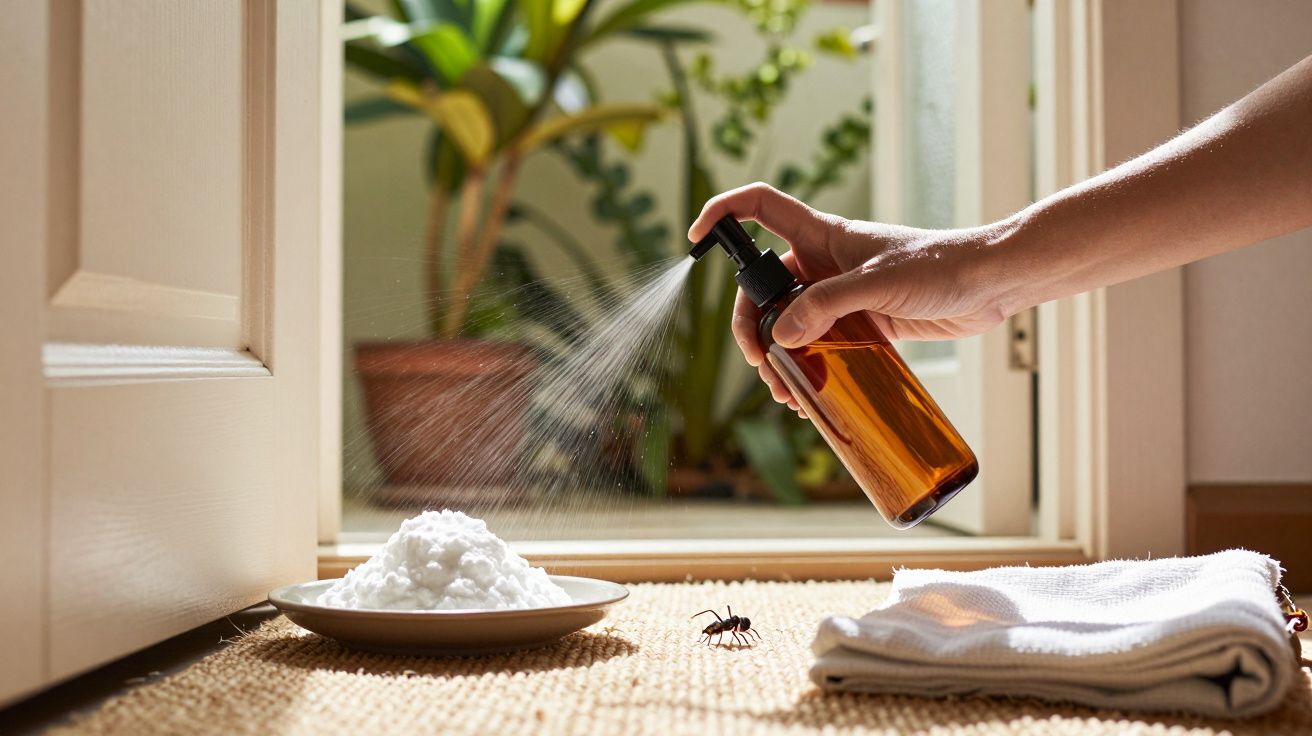 Pessoa a pulverizar repelente contra aranhas perto de uma janela com plantas ao fundo.