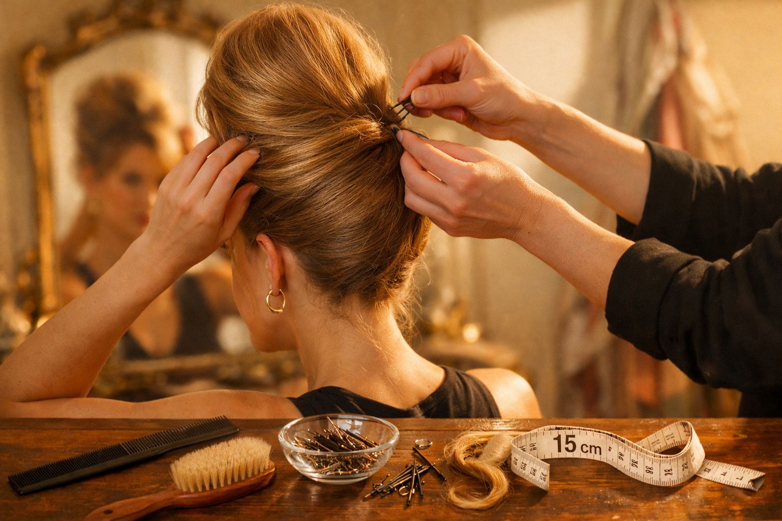 Mulher com penteado complexo é arranjada por cabeleireira em frente a um espelho, numa sala de beleza elegante.
