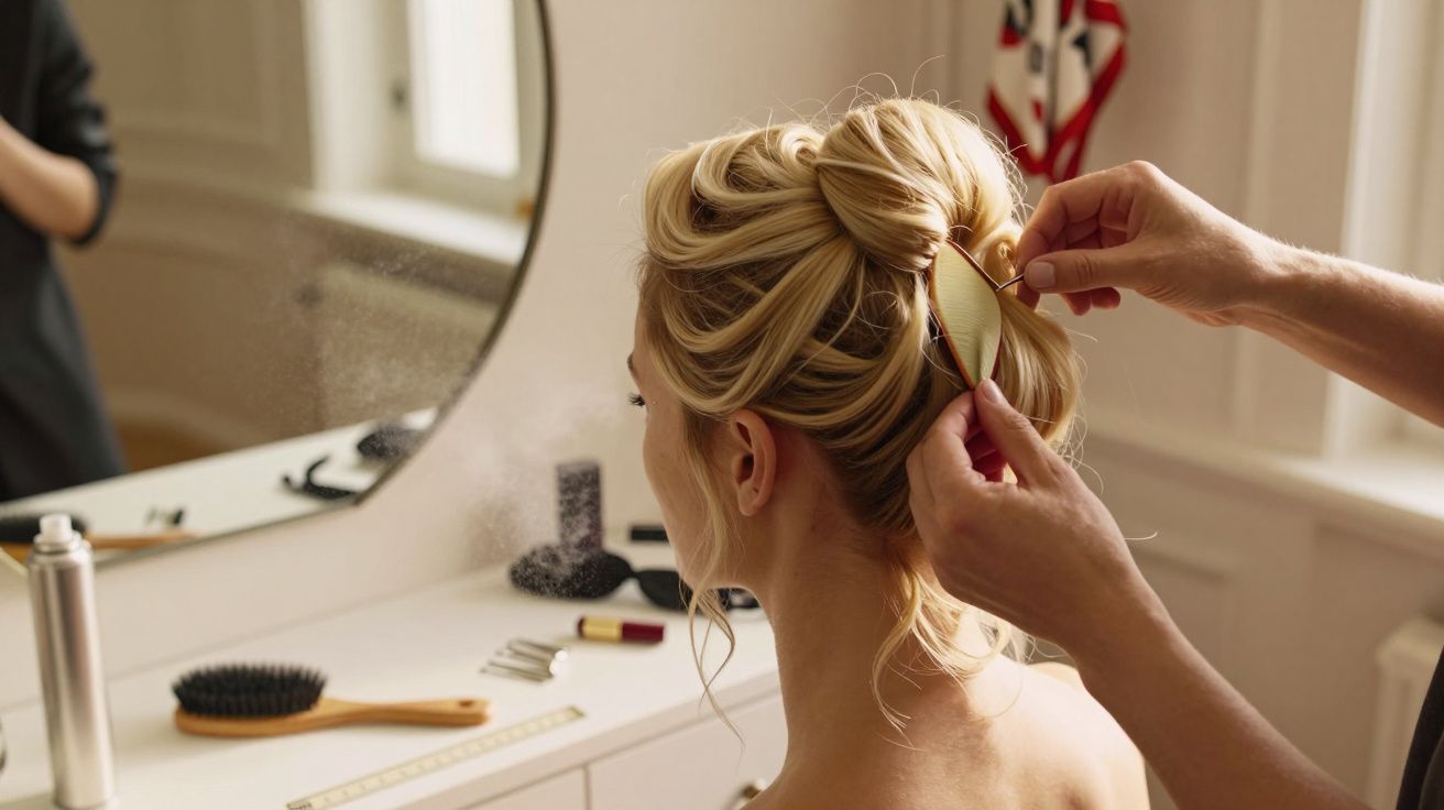 Cabeleireiro trabalha num penteado elegante de cabelo loiro, com produtos e escova sobre uma bancada em frente a um espelho.