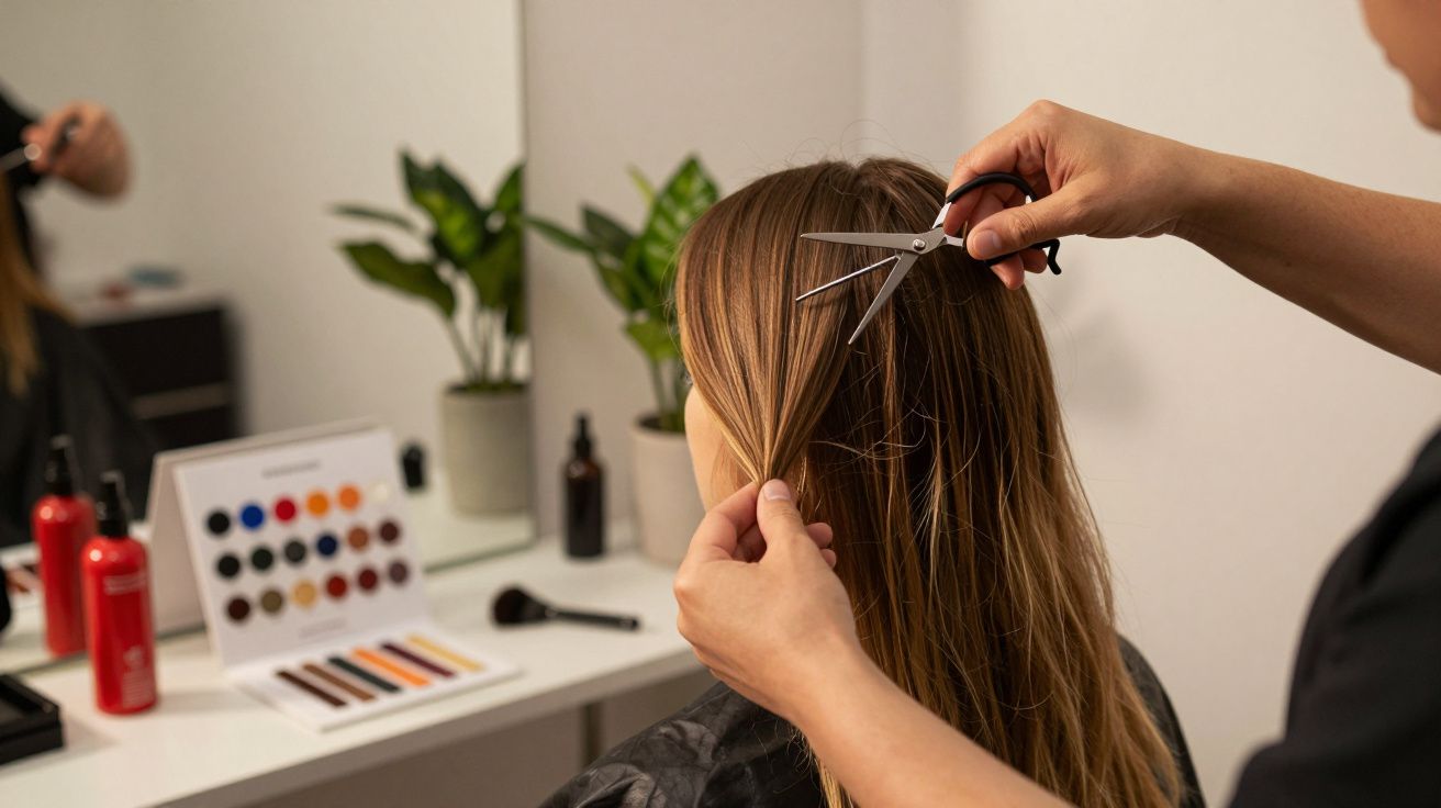 Pessoa a cortar cabelo num salão, com tesouras em mão e produtos de cabeleireiro na bancada.