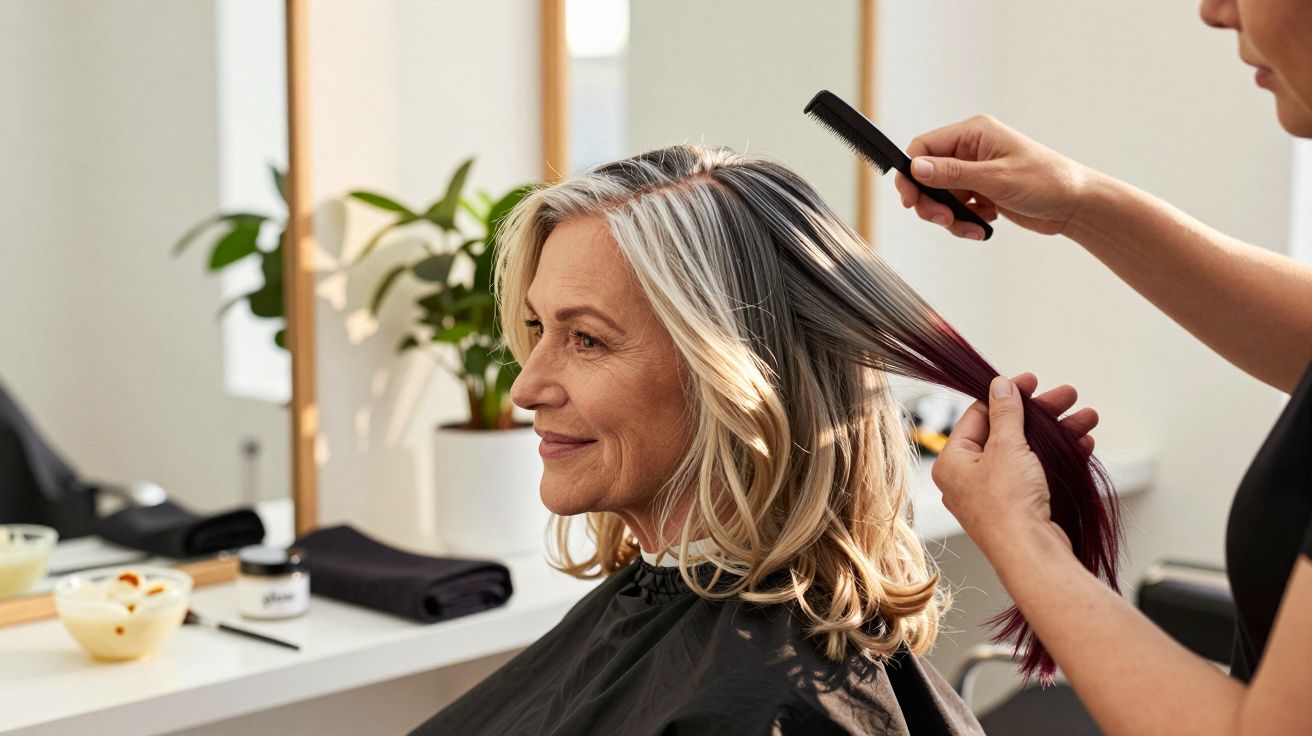 Mulher de cabelos grisalhos sentada num cabeleireiro, enquanto alguém penteia o seu cabelo com uma escova.