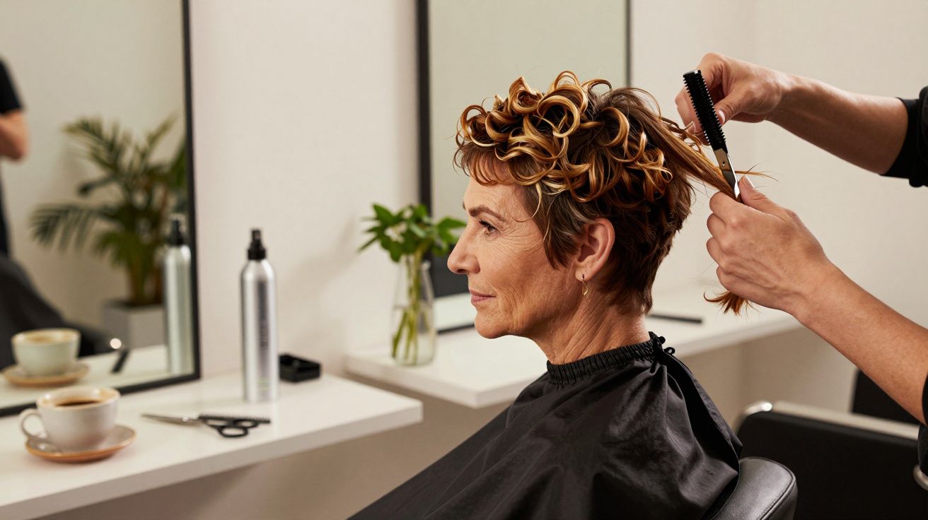 Mulher de cabelos curtos a ser penteada num salão de beleza, com espelho e plantas ao fundo.