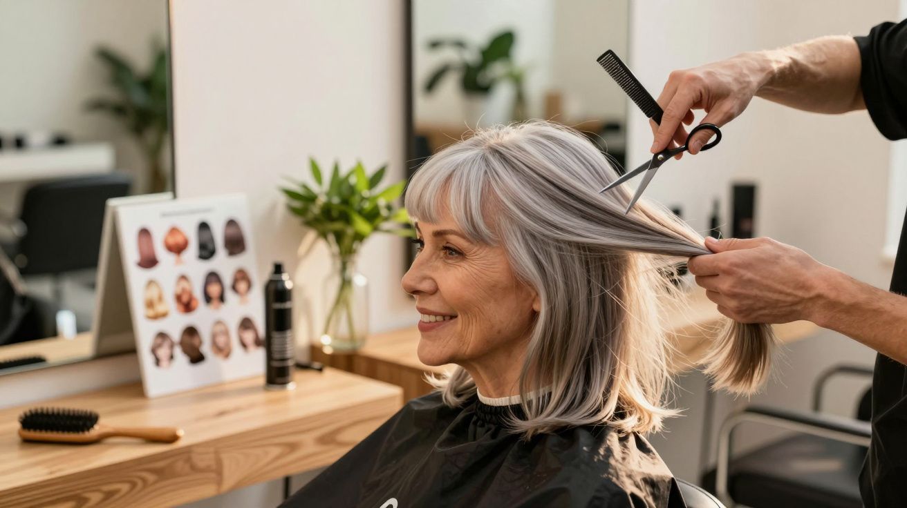 Mulher sorridente num cabeleireiro a receber corte de cabelo por cabeleireiro segurando tesoura e pente.