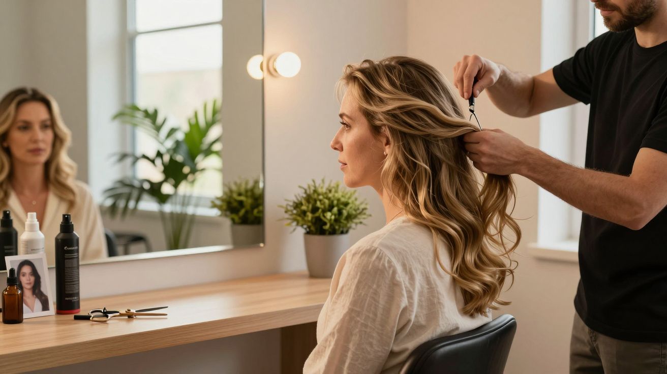 Mulher a arranjar o cabelo num salão, sentada em frente a um espelho com produtos de cosmética sobre a mesa.