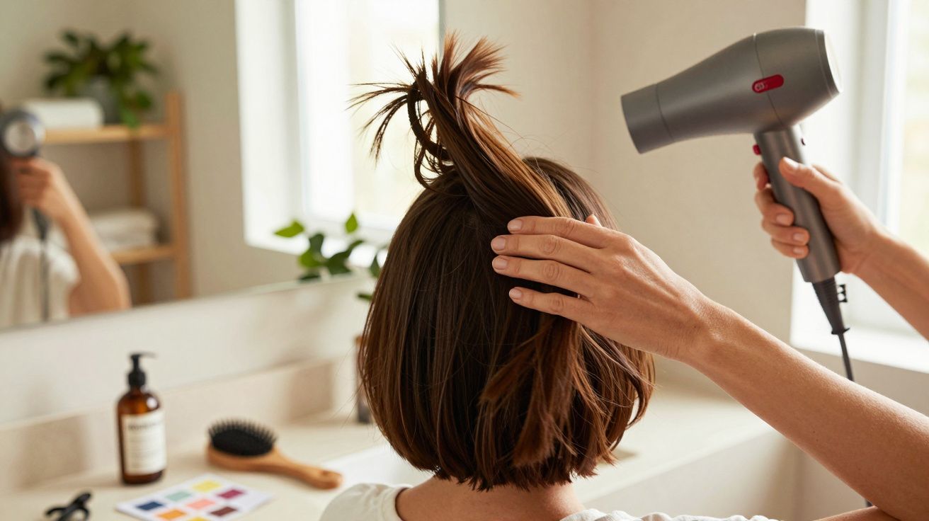 Pessoa seca o cabelo castanho curto com um secador num banheiro moderno.
