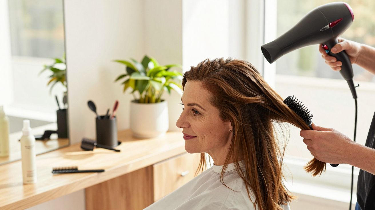 Mulher em cabeleireiro, recebendo secagem de cabelo com escova.