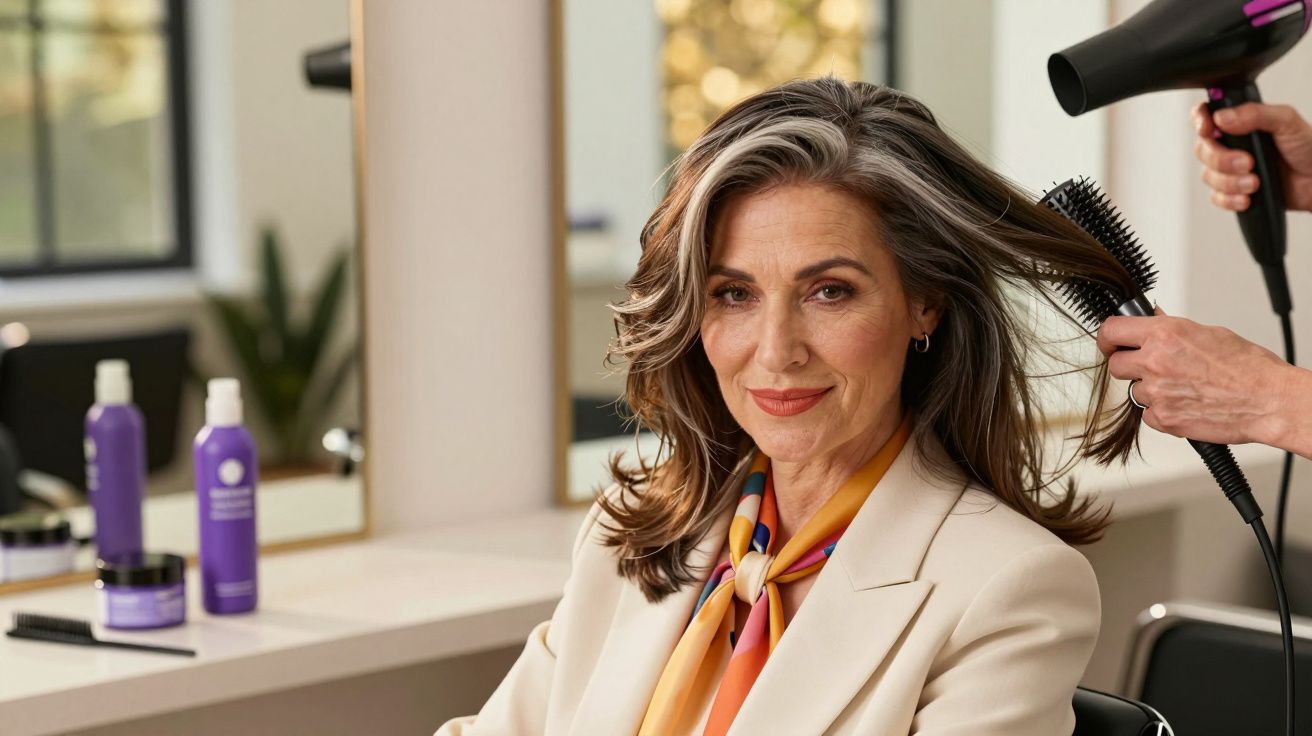 Mulher de cabelo grisalho a ser penteado e seco num salão, rodeada de produtos de cabelo em frascos roxos.
