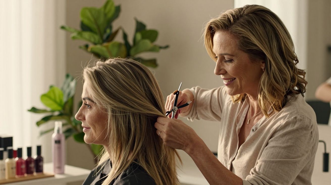 Mulher cortando o cabelo de outra mulher num salão de cabeleireiro bem iluminado com plantas ao fundo.