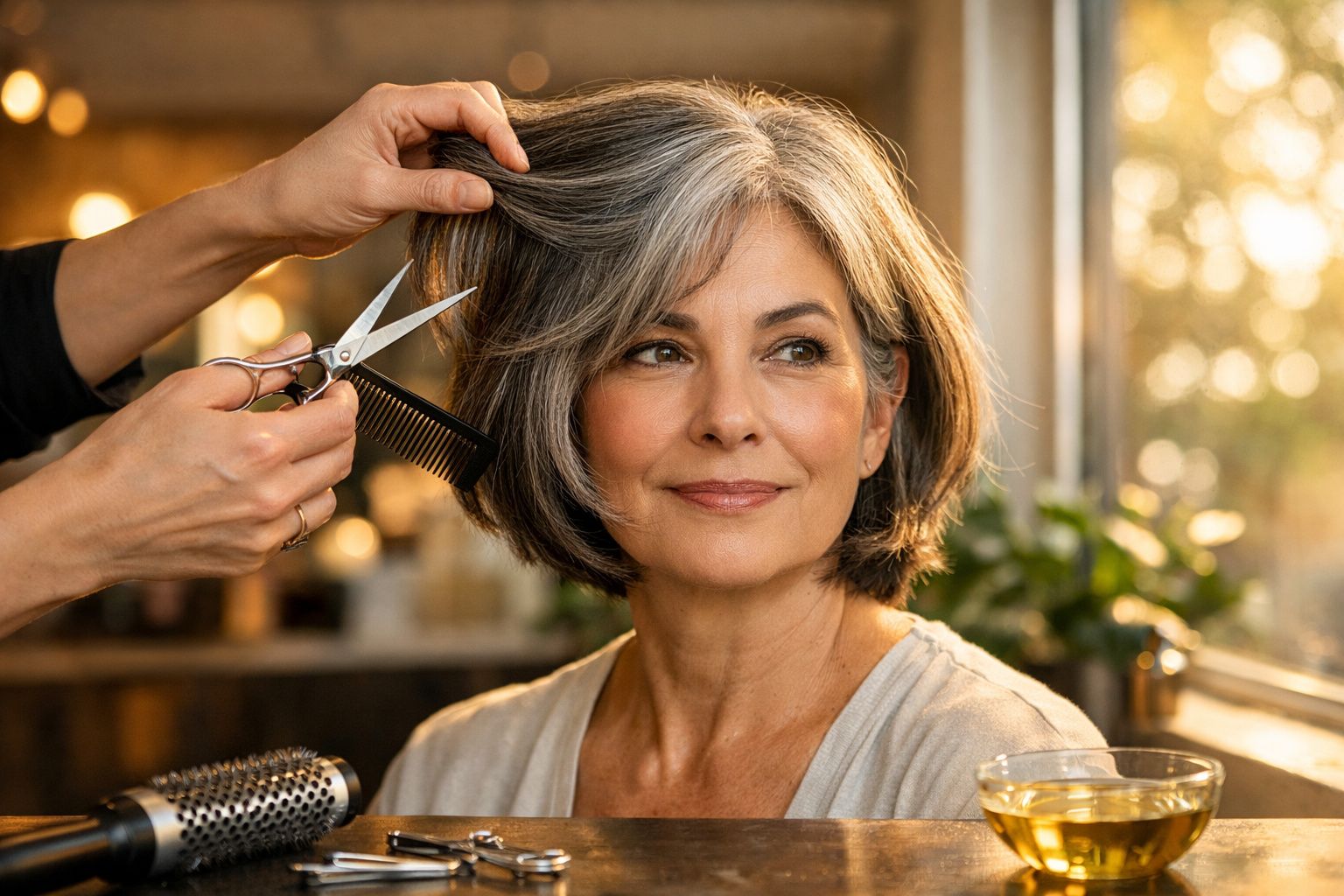 Mulher de cabelo grisalho num salão de cabeleireiro, enquanto cabeleireiro corta seu cabelo.