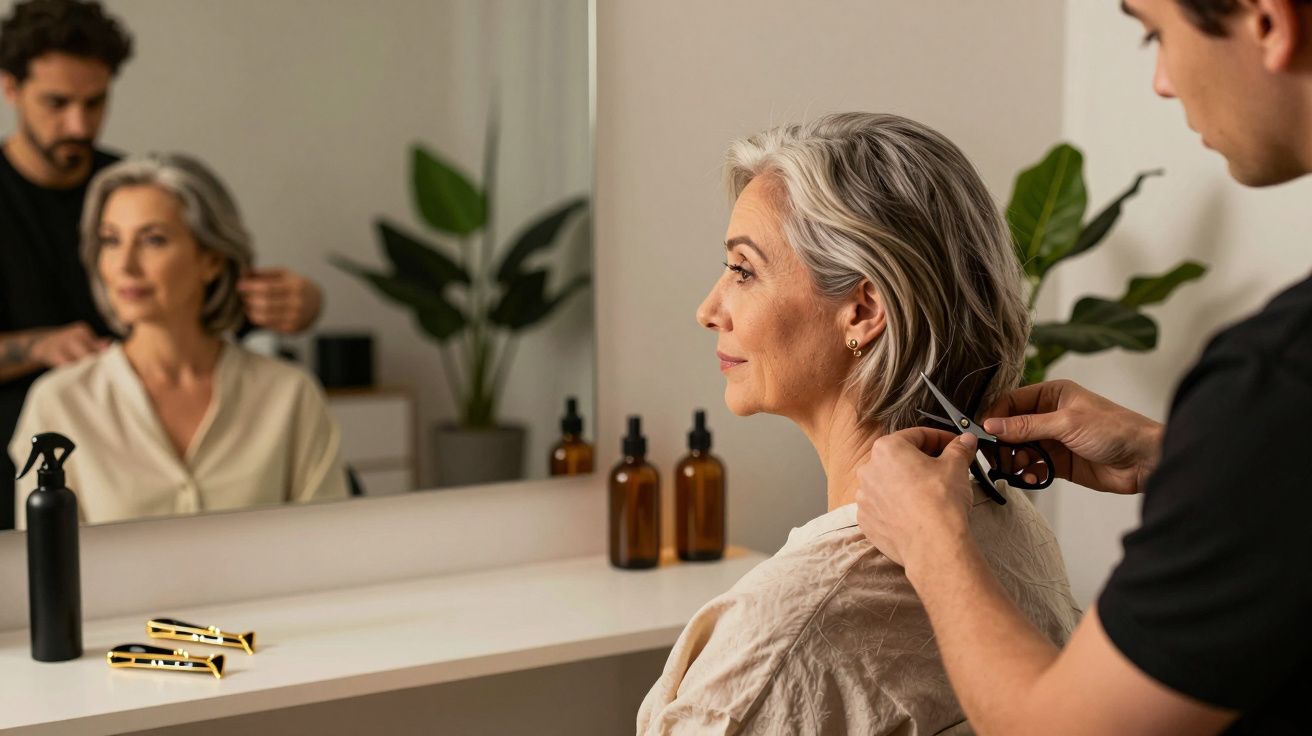 Mulher com cabelo grisalho a ser penteado e cortado por cabeleireiro num salão moderno com espelho e plantas.