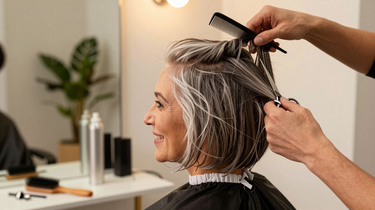 Mulher de cabelos grisalhos a sorrir enquanto cabeleireiro corta o seu cabelo com tesoura e pente num salão de beleza.