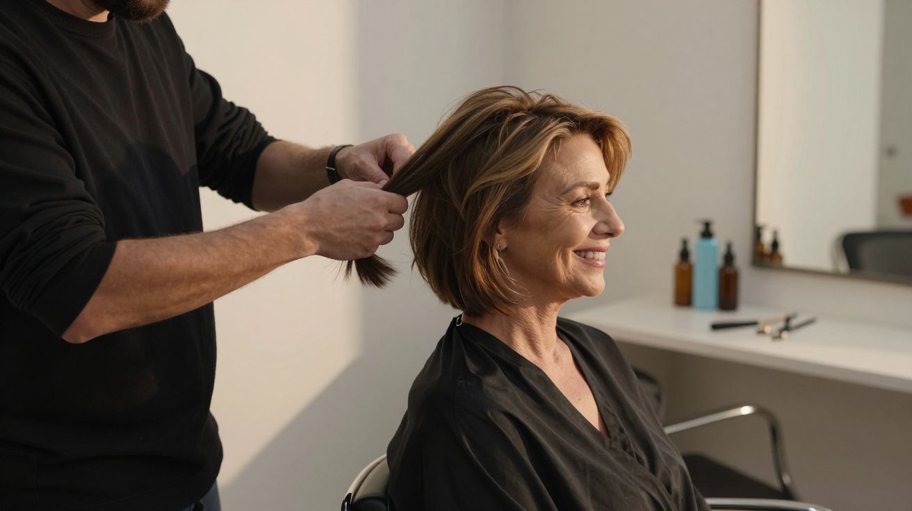 Cabeleireiro corta o cabelo de uma mulher sorridente num salão bem iluminado, com espelhos e produtos visíveis ao fundo.