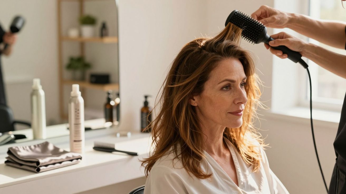 Mulher sorrindo enquanto cabeleireiro seca seu cabelo em salão iluminado.