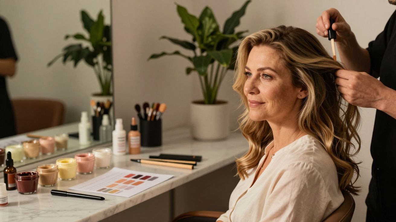 Mulher sentada em frente a espelho enquanto cabeleireiro arranja o cabelo, mesa com produtos de beleza à frente.