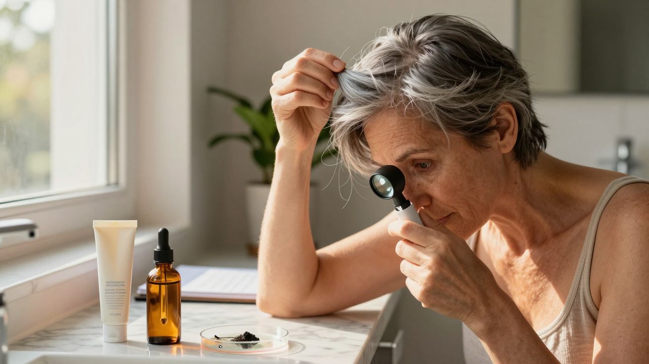 Mulher de cabelo grisalho examina o couro cabeludo com lupa num lavatório, com frasco e creme ao lado.
