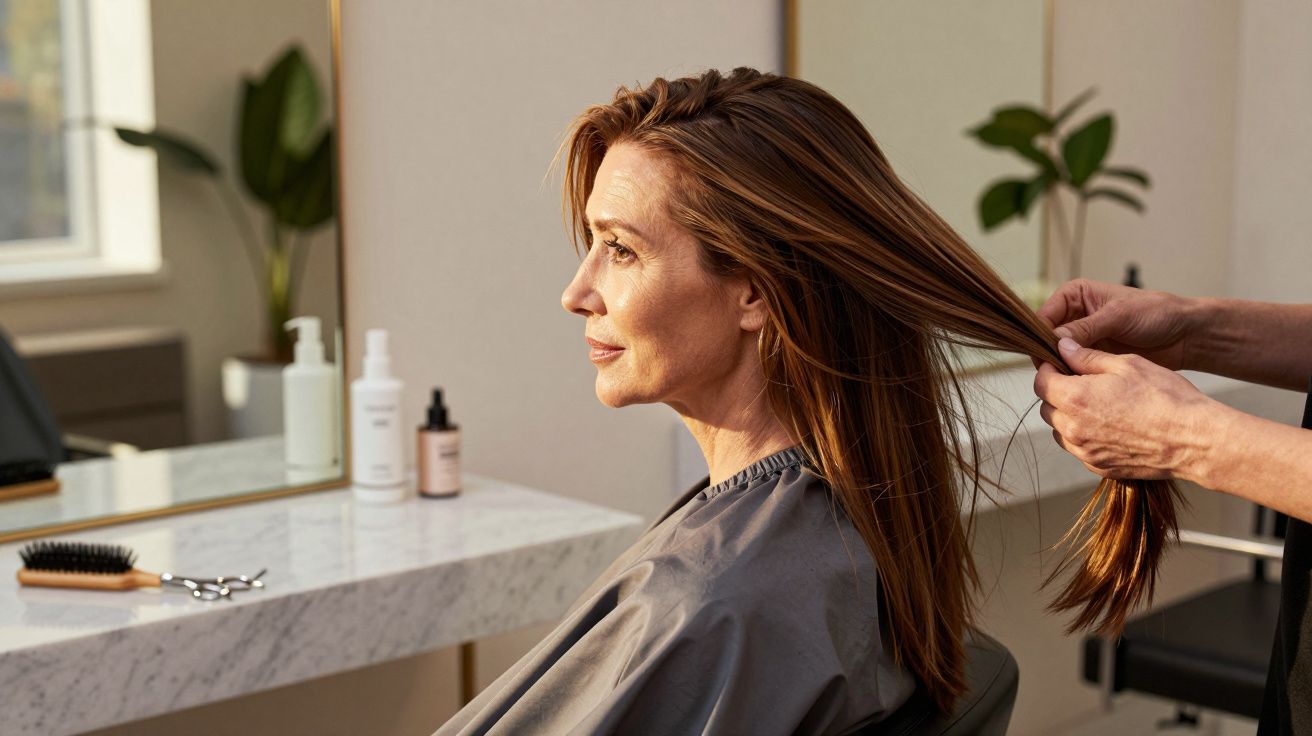 Mulher num salão de cabeleireiro, com cabelo castanho, a ser penteada por um profissional.