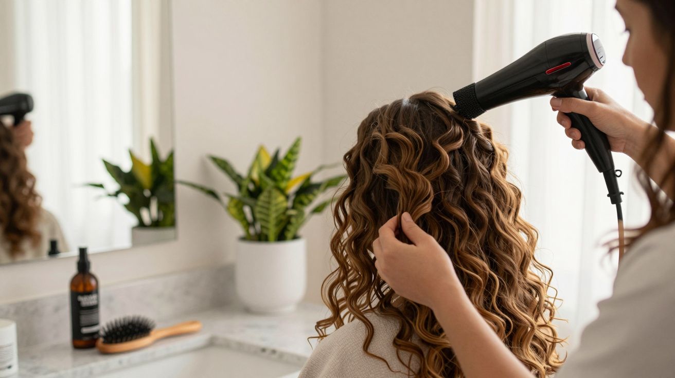 Pessoa de cabelo encaracolado a ser penteada e seca com secador em casa de banho com plantas.