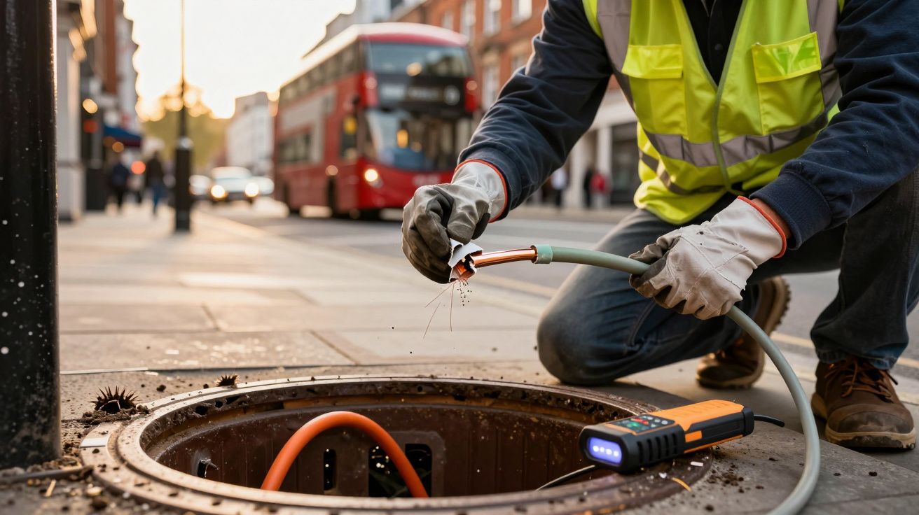 Trabalhador com colete refletor a reparar cabos numa rua movimentada, com um autocarro vermelho ao fundo.