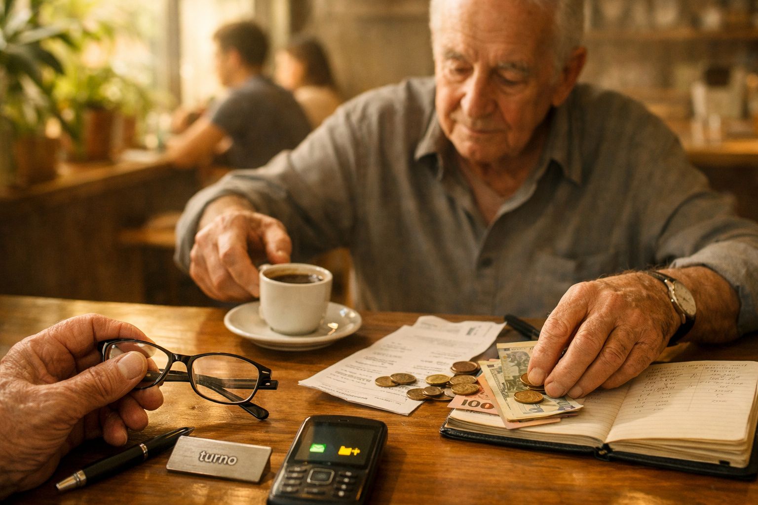 Idosa em café a colocar crachá no avental, mesa com documentos e carteira.