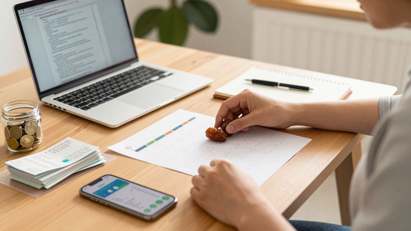 Pessoa trabalha numa secretária com portátil, calendário impresso, telemóvel e moedas.
