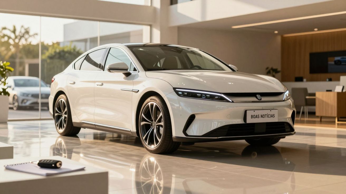 Carro elétrico branco em showroom moderno, placa a dizer "Boas Notícias".