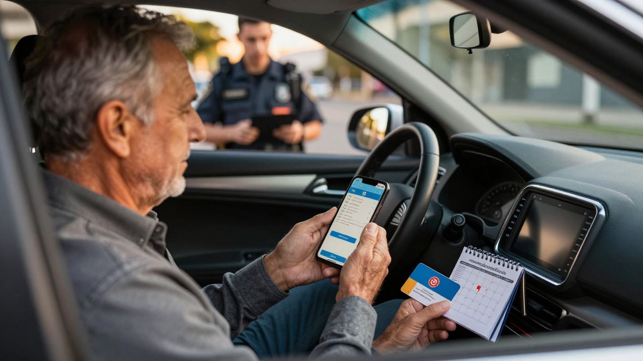 Homem no carro usando telemóvel e calendário, enquanto polícia se aproxima pela janela.