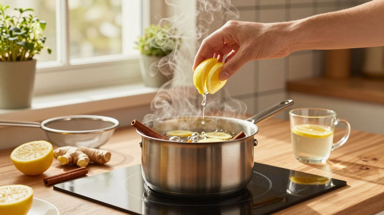 Mão espremendo limão numa panela a ferver numa cozinha, com canela e gengibre ao lado.