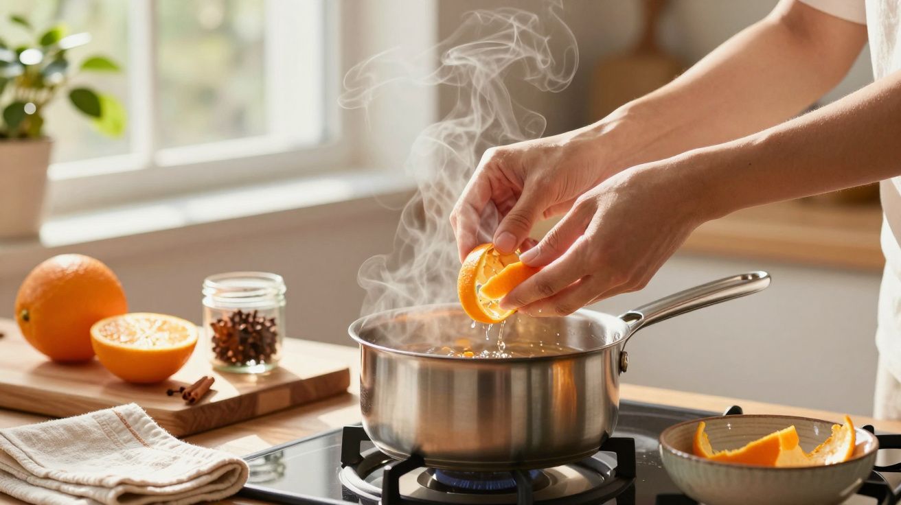 Mãos espremendo uma laranja sobre panela a ferver, com laranjas e especiarias ao lado.